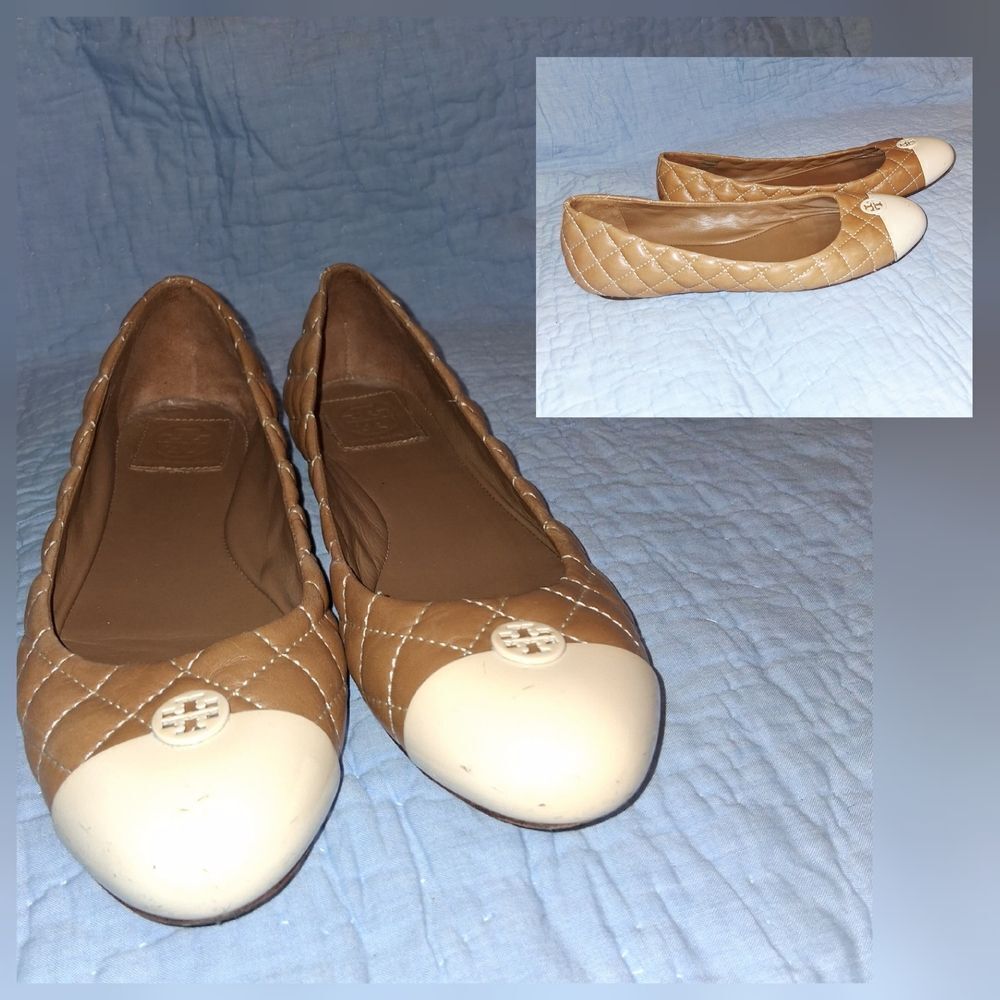 Tory Burch Brown and Cream Quilted Flats 8.5M